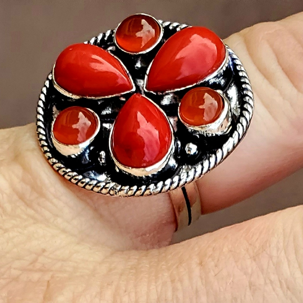New Coral & Carnelian 925 Silver Ring.